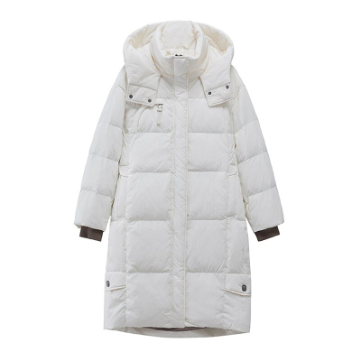 加大码中长款连帽白鸭绒羽绒服女