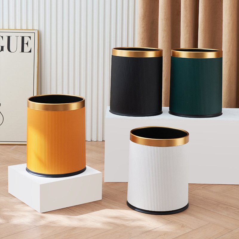 轻奢金边垃圾桶家用无盖垃圾桶圆形客厅厨房条纹双层罗马大口径