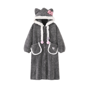 秋冬季睡裙女珊瑚绒加厚加绒保暖连帽可爱卡通Kitty长款睡袍冬天