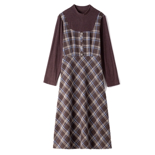 大码胖MM复古格子连衣裙假两件套秋冬新款收腰显瘦高领打底裙长款