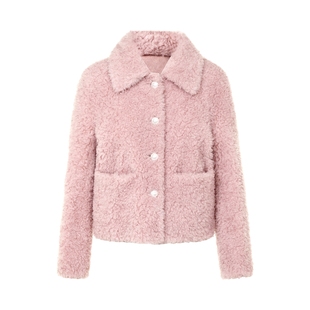 朗姿莱茵福莱尔100%绵羊毛颗粒感毛绒外套女千金风珠饰翻领上衣冬