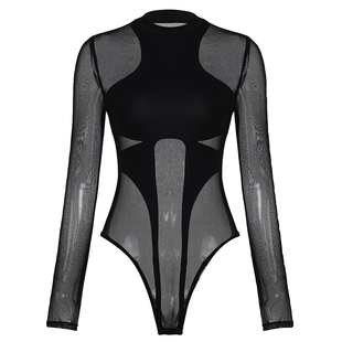 H家欧美女装 解构式ins高级感透视网纱连体衣女分割镂空打底上衣