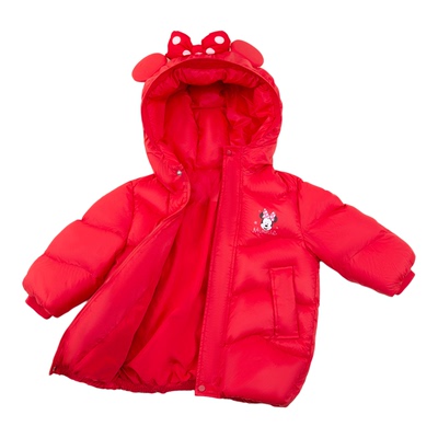 正版迪士尼小童装女童中长款羽绒服儿童加厚冬装宝宝红色90白鸭绒