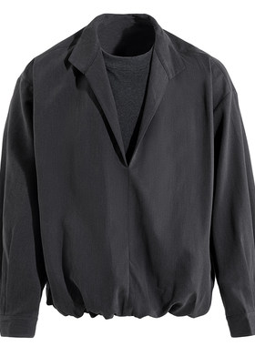 海上公路立翻领极简叠穿衬衫男士秋季V领门襟休闲通勤层次感上衣