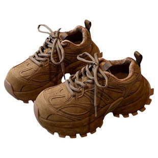 【TFM】焦糖系~复古老爹鞋女冬季加绒厚底5CM增高防滑运动休闲鞋