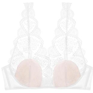 好奇蜜斯法式内衣女蕾丝大胸显小胸文胸罩套装无钢圈薄款深v白色