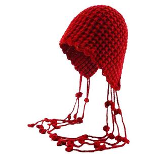 时尚手工编织流苏球球毛线帽子女保暖护耳绑带针织帽大头围包头帽