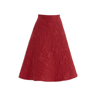 OBEG欧碧倩新中式绗缝高腰a字半身裙女春氛围感红色伞裙10501007