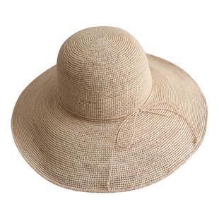 进口天然拉菲草帽女夏2025新款法式圆顶大帽檐遮阳防晒海边沙滩帽