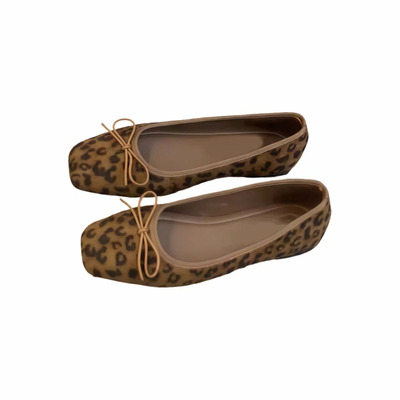 法式复古豹纹蝴蝶结浅口单鞋绒面