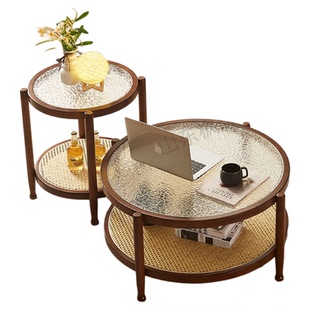 北欧藤编双层茶几客厅家用圆形玻璃边几2025新款大小实木茶几组合