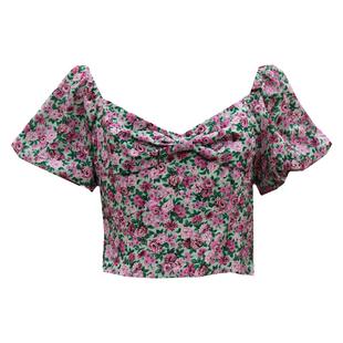 清仓特价褶皱泡泡袖V领衬衫短袖 甜美碎花高腰短上衣潮