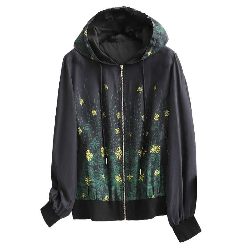 印花连帽棒球服桑蚕丝绸夹克开衫