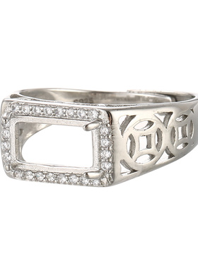 镶钻霸气风蜜蜡绿松石方形银戒指