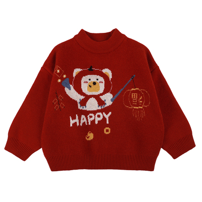 男童圆领毛衣红色新年装