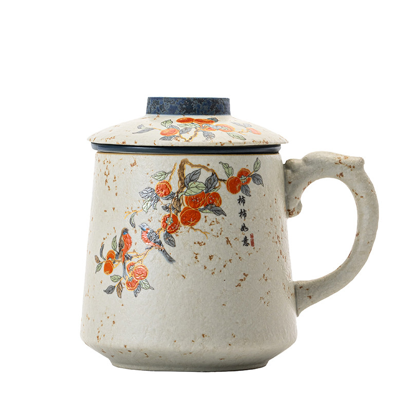 柿柿如意青花火石红茶杯陶瓷茶水分离杯子办公式杯带盖马克杯水杯