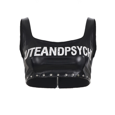 美式辣妹字母印花皮革挂脖背心女