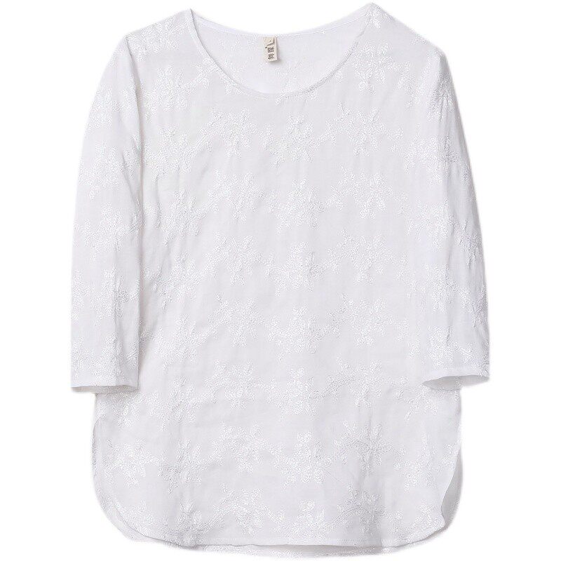白色苎麻绣花套头T恤女夏季新款