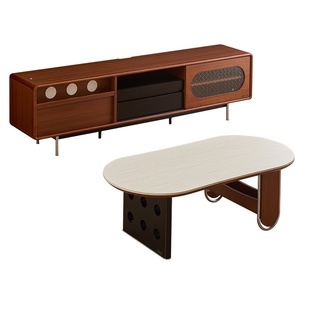 全友家居中古风洞石岩板茶几客厅家用包豪斯风高级感茶桌电视机柜