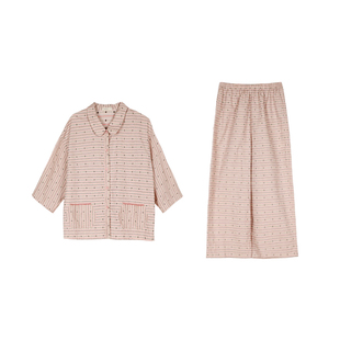 朵朵可可睡衣女2026春夏新款纯棉浅粉提花小翻领九分袖裤家居服套