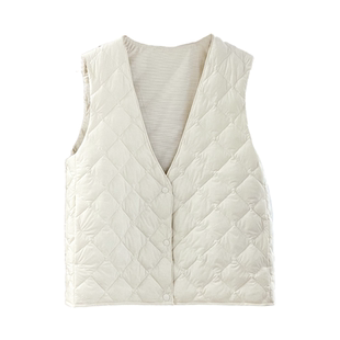 羽绒服马甲女V领打底马夹轻薄款叠穿绒子90%白鸭绒背心呢大衣内搭
