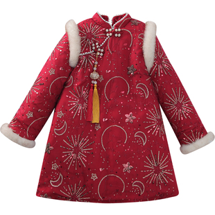 女童连衣裙中国风旗袍冬装新款女孩汉服裙儿童夹棉红色拜年服