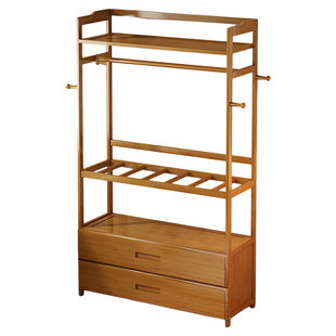 简约挂衣架落地卧室收纳柜带抽屉非实木楠竹简易衣柜储物架原木色