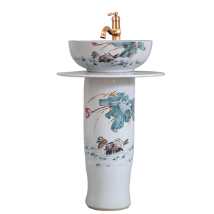 中式立柱洗手盆餐厅台盆落地式洗手池阳台陶瓷洗漱池庭院花园竹子