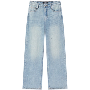 爱居兔复古浅蓝牛仔裤女2026年春季新款含莱赛尔亮片宽松直筒长裤