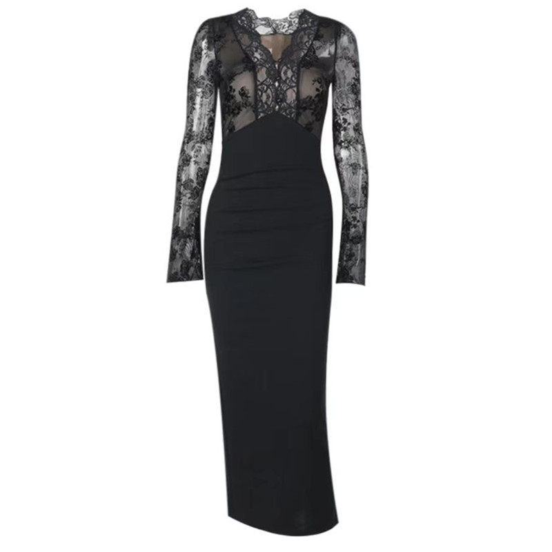 黑色蕾丝长袖连衣裙性感包臀长裙