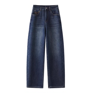 加绒复古蓝弯刀直筒牛仔裤女秋冬2025新款高腰显瘦加厚窄版阔腿裤
