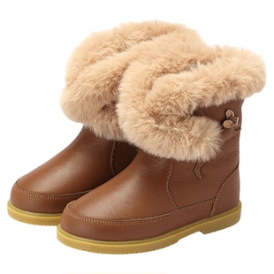 DONSJE儿童靴子翻毛滚边动物扣加绒皮靴男童女童中筒靴皮靴秋冬季