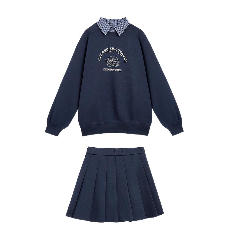 紫涵衬衫领印花卫衣a字百褶短裙女上下两件套装裙女2025秋季新款