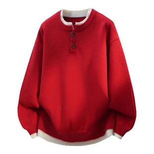 啄木鸟红色亨利领假两件毛衣男士秋冬季新年本命年红色毛衣针织衫