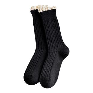 秋冬美拉德袜子女甜美蕾丝花边复古厚款保暖羊毛长袜堆堆纯色百搭