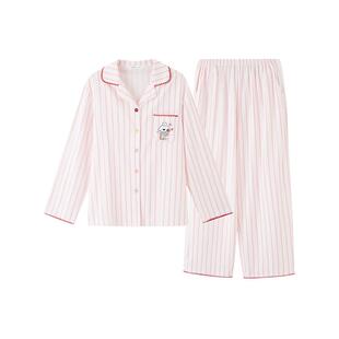 三福女春季彩色排扣睡衣套装 趣味动物图案宽松长袖家居服514849