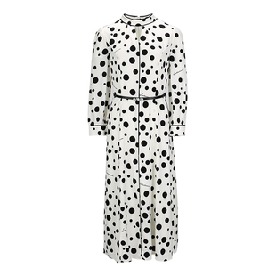 阿丹娜春秋新款白色蚕丝波点连衣裙子收腰波嬉风官方旗舰店正品