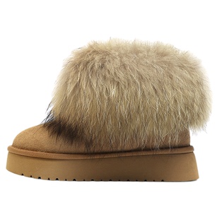 FOREVER21狐狸毛|圣诞节牛皮雪地靴女2026新款冬毛毛厚底加绒棉鞋