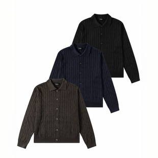 ICE UP 绞花polo领贝壳扣新疆长绒棉休闲老钱风纽扣针织开衫外套