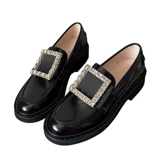 RV真皮水钻方扣乐福鞋2024秋冬粗跟复古百搭厚底漆皮小皮鞋女单鞋