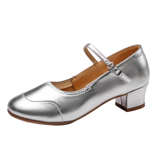 儿童标准跳舞鞋广场舞鞋真皮中跟银色舞蹈鞋软底中老年演出鞋女鞋