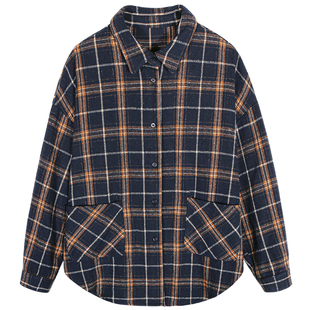 落落狷介格子毛呢衬衫女减龄洋气2025新款秋冬印花上衣宽松小个子