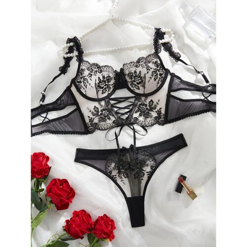 C 65205 Cross-Back Lace Flower Lingerie Set 网纱刺绣内衣