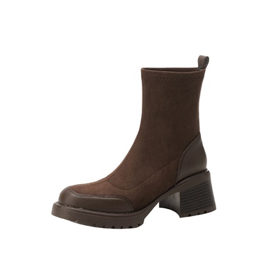 高跟短靴女2025新款粗跟棕色美拉