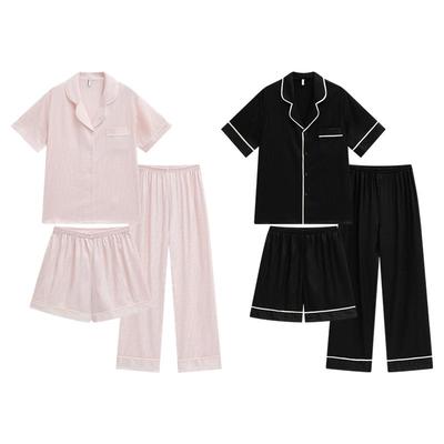 乐姿梦情侣睡衣夏季轻奢冰丝短袖短裤长裤男女三件套装凉感家居服