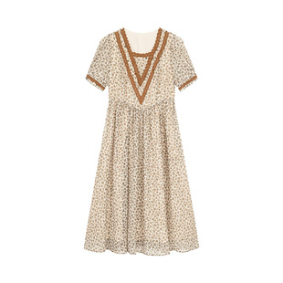 一城画一夏季复古文艺范长款连衣裙显瘦印花短袖长裙杏花