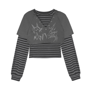 SagiDolls少女斗志炸毛猫咪百搭深灰条纹真两件套装带帽T恤上衣秋