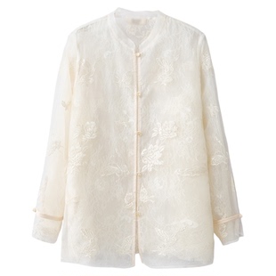 高定 国风刺绣拼接蕾丝真丝欧根纱开衫女100%桑蚕丝立领上衣早秋
