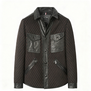 海宁新款真皮衣男纯牛皮夹克翻领拼格子羊毛混纺衬衫时尚短款外套