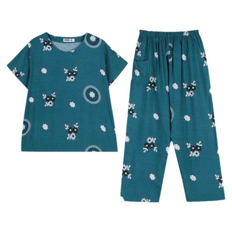 妈妈棉绸睡衣女中老年人造棉夏季绵绸短袖套装大码两件套家居服薄